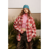 Unisex Jacket Red Plaid Coat Men's and Women's Loose Retro Lapel Couple Jacket